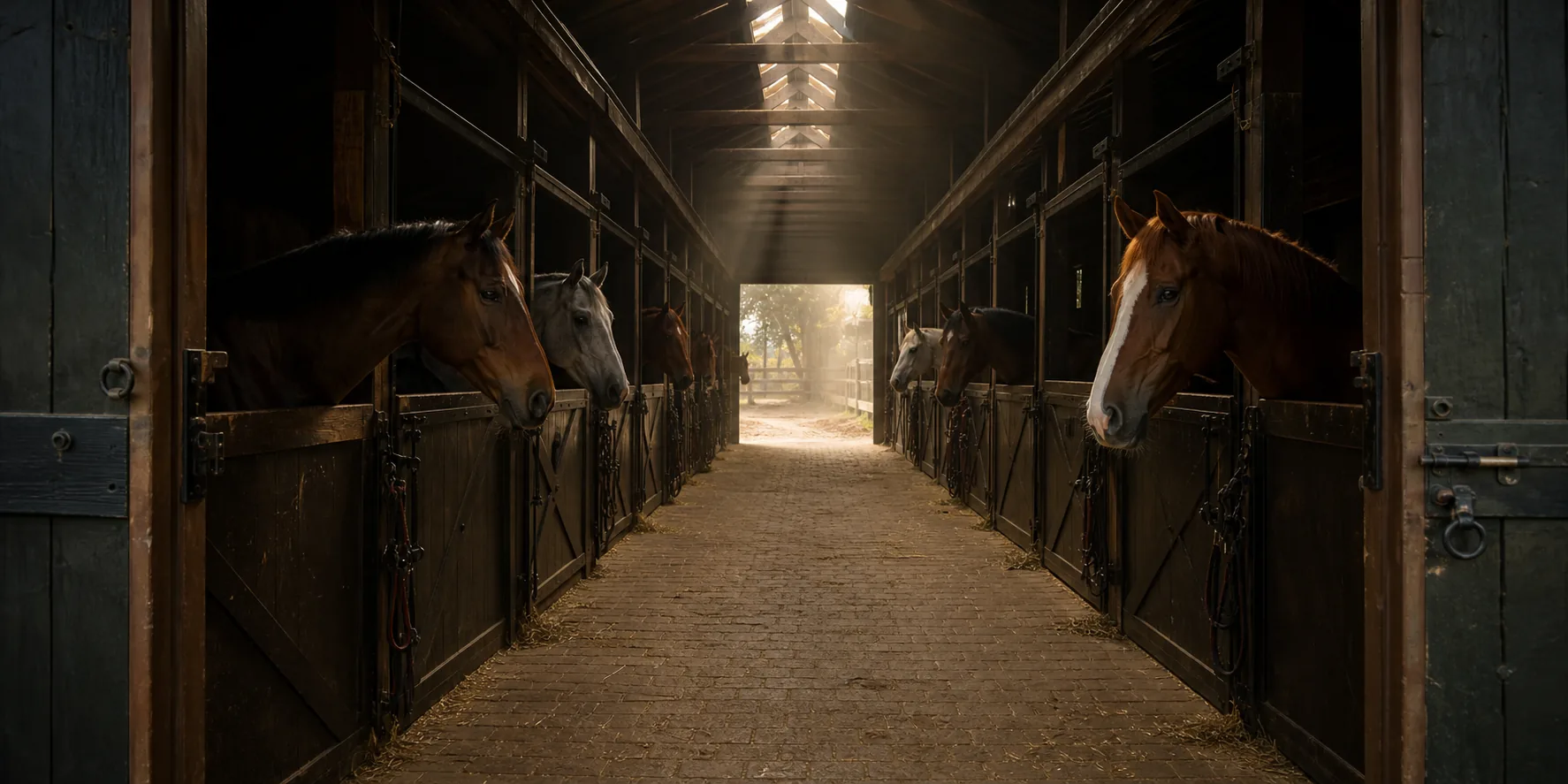 Paarden kijken vanuit hun boxen uit over een stalgang in het ochtendlicht