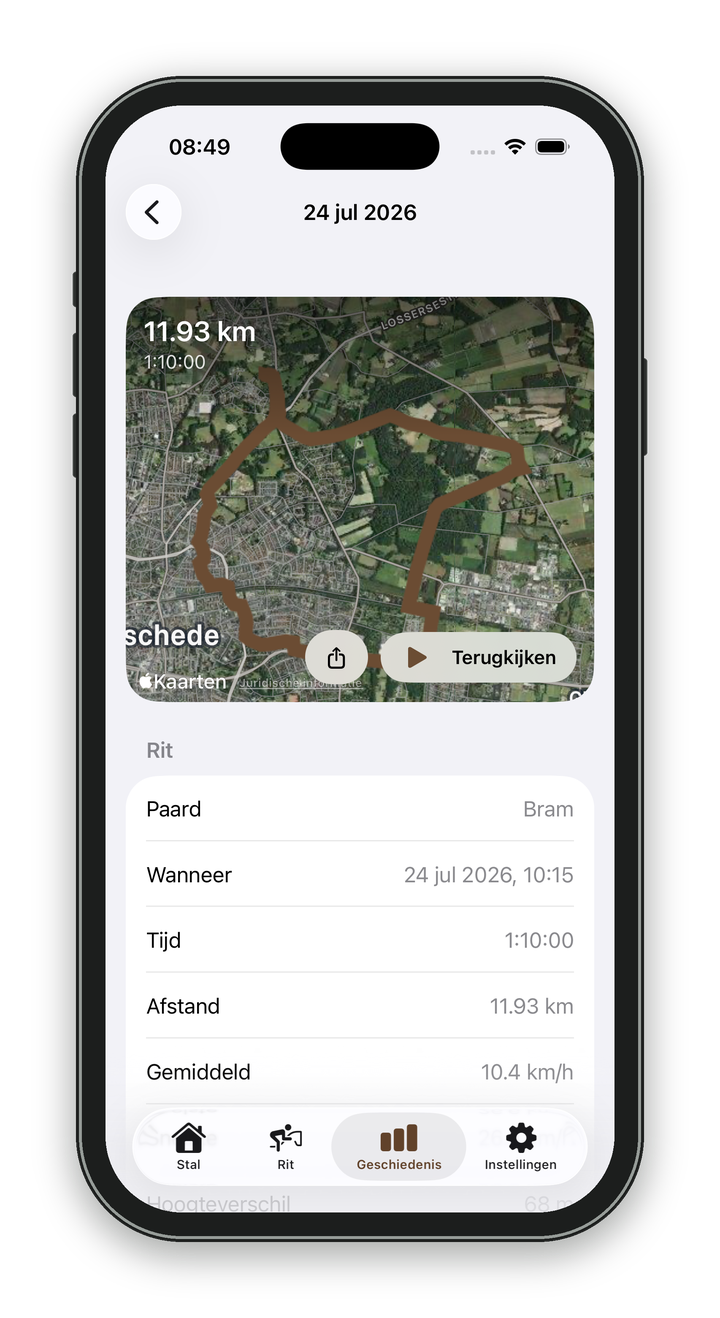 Het scherm van een gereden rit: de route op een satellietkaart, met afstand, tijd en knoppen om terug te kijken en te delen.